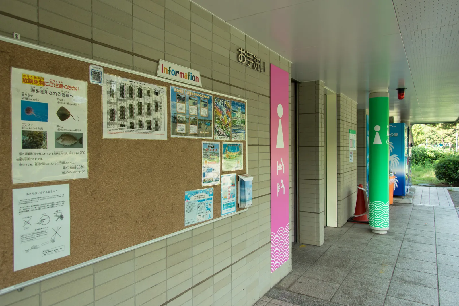 海の公園管理施設のトイレ・案内板付近を撮影した写真。掲示板には「危険生物にご注意ください」というポスター(アカクラゲ、アカエイ、ゴンズイ、アイゴの写真付き)、潮位表、7月のイベントスケジュール、あさり採りの注意事項などが貼られている。トイレのピンク・グリーンの案内サインも写る。海水浴場の管理体制や注意喚起を示す資料的な一枚。