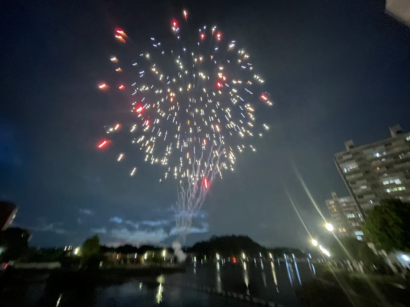 夜、船溜り付近から見上げて撮影した花火の写真。大きな一発の花火が開き、白と赤(マゼンタ)の光が球状に広がっている。手前の水面に光が反射し、右側には高層マンション群が写る。カメラブレのため花火の光跡が線状に伸びており、ピントもやや甘い。